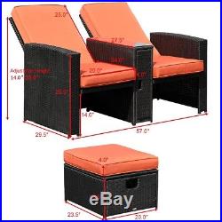 3PCS Patio Furniture Reclining Recliner Set Adjustable Backrest Rattan Ottoman