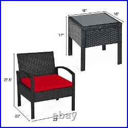 3PCS Patio Rattan Conversation Furniture Set Outdoor Yard with Red Cushions