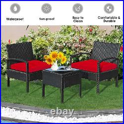 3PCS Patio Rattan Conversation Furniture Set Outdoor Yard with Red Cushions