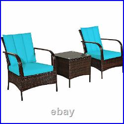 3PCS Patio Rattan Conversation Set Outdoor Furniture Set with Turquoise Cushion