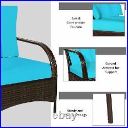 3PCS Patio Rattan Conversation Set Outdoor Furniture Set with Turquoise Cushion