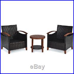 3PCS Patio Rattan Furniture Set Conversation Bistro Cushion Sofa Round Table