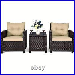 3PCS Patio Rattan Furniture Set Cushioned Conversation Set Sofa Coffee Table US