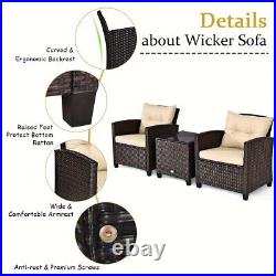 3PCS Patio Rattan Furniture Set Cushioned Conversation Set Sofa Coffee Table US