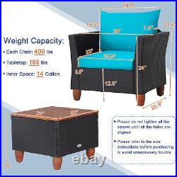 3PCS Patio Rattan Furniture Set Cushioned Sofa Storage Table Wood Top Turquoise
