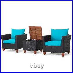 3PCS Patio Rattan Furniture Set Cushioned Sofa Storage Table Wood Top Turquoise
