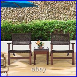 3PCS Patio Rattan Furniture Set Outdoor Solid Wood Frame Chair With Coffee Table