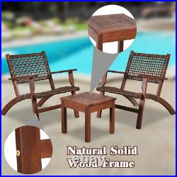 3PCS Patio Rattan Furniture Set Outdoor Solid Wood Frame Chair With Coffee Table