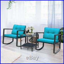 3PCS Patio Rattan Furniture Set Rocking Chairs Cushioned Conversation Set Blue