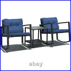 3PCS Patio Rattan Furniture Set Rocking Chairs Cushioned Sofa Navy