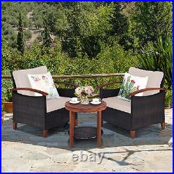 3PCS Patio Wicker Rattan Conversation Set Outdoor Furniture Set with Beige Cushion