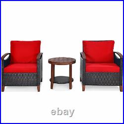 3PCS Patio Wicker Rattan Conversation Set Outdoor Furniture Set with Red Cushion