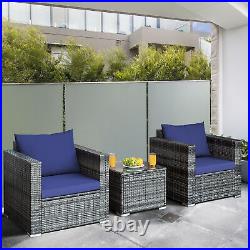 3PCS Rattan Patio Conversation Furniture Set Outdoor Yard with Navy Cushion