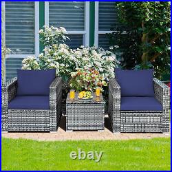 3PCS Rattan Patio Conversation Furniture Set Outdoor Yard with Navy Cushion