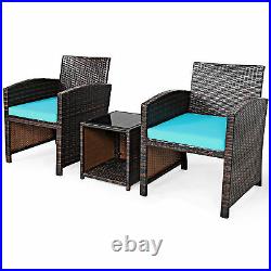 3PCS Rattan Patio Conversation Furniture Set Yard Outdoor with Turquoise Cushions