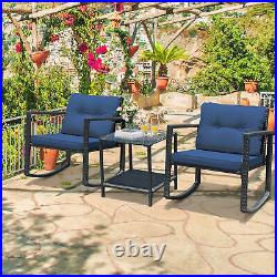 3PCS Rattan Rocking Chair Table Set Patio Furniture Set with Navy Cushions