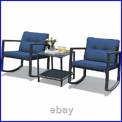 3PCS Rattan Rocking Chair Table Set Patio Furniture Set with Navy Cushions