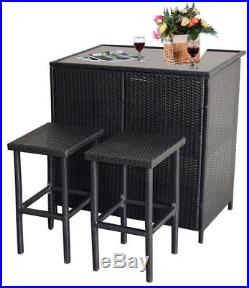 3PCS Rattan Wicker Bar Set Patio Outdoor Party Table & 2 Stools Furniture Black