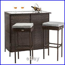 3PCS Rattan Wicker Bar Set Patio Outdoor Table & 2 Stools Furniture Brown