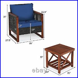 3PCS Rattan Wicker Patio Conversation Set Outdoor Furniture Set with Navy Cushion