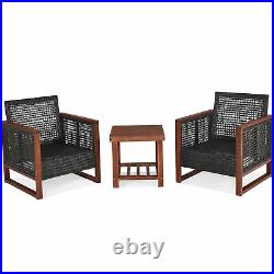 3PCS Rattan Wicker Patio Conversation Set Outdoor Furniture Set with Navy Cushion