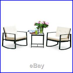 3PCS Rattan Wicker Rocking Chair Bistro Furniture Set Patio Garden WithCushions