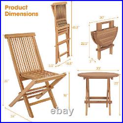 3PCS Teak Wood Slatted Set Round Table Folding Chair Outdoor without Assembly