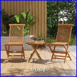 3PCS Teak Wood Slatted Set Round Table Folding Chair Outdoor without Assembly