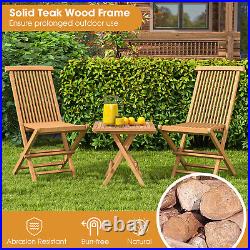 3PCS Teak Wood Slatted Set Round Table Folding Chair Outdoor without Assembly