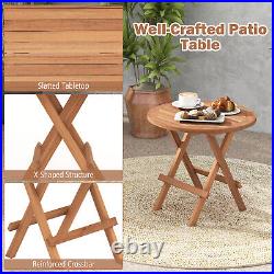 3PCS Teak Wood Slatted Set Round Table Folding Chair Outdoor without Assembly