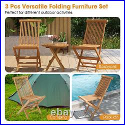 3PCS Teak Wood Slatted Set Round Table Folding Chair Outdoor without Assembly