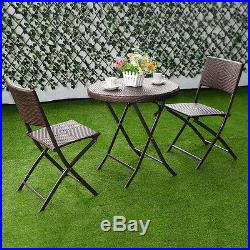 3PC Folding Round Table & Chair Bistro Set Rattan Wicker Outdoor Furniture