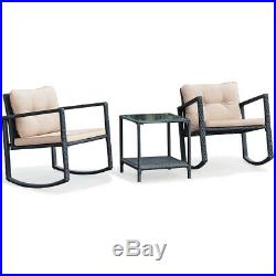 3PC Patio Rattan Conversation Set Rocking Chair Cushioned Sofa Garden Furniture