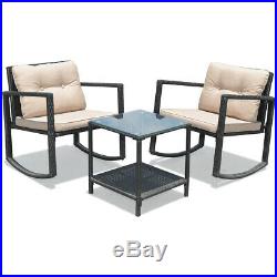 3PC Patio Rattan Conversation Set Rocking Chair Cushioned Sofa Garden Furniture