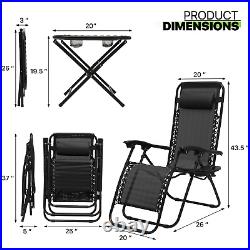 3PcsZERO GRAVITY CHAIR+FOLDABLE TABLE SETReclining Beach Lounge withDrink Holder