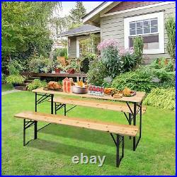 3 PCS Camping Wood Picnic Table Beer Bench Dining Set Folding Wooden Top Patio