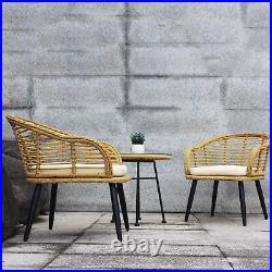 3 PCS Outdoor Patio Balcony Natural Yellow Wicker Chair Table with Beige Cushion