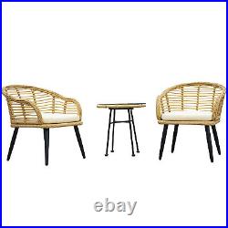 3 PCS Outdoor Patio Balcony Natural Yellow Wicker Chair Table with Beige Cushion