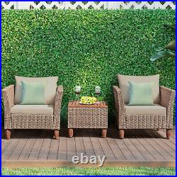 3 PCS Outdoor Patio Rattan Bistro Furniture Set Wooden Table Top Cushioned Sofa