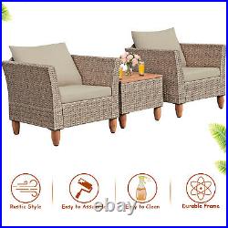 3 PCS Outdoor Patio Rattan Bistro Furniture Set Wooden Table Top Cushioned Sofa