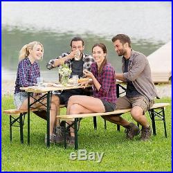 3 PCS Outdoor Wood Picnic Table Beer Bench Dining Set Folding Wooden Top Patio