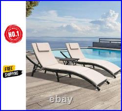 3 PCS PE Rattan Patio Chaise Lounge Chair Set with Folding Table and Cushion BEIGE
