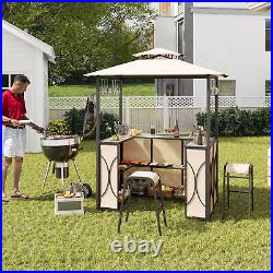 3 PCS Patio Bar Set with Tempered Glass Bar Table Metal Storage Shelves for Garden