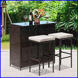 3 PCS Patio Furniture Outdoor Bar Wicker All-Weather Rattan Table Set with2 Stools