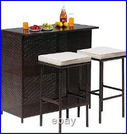 3 PCS Patio Furniture Outdoor Bar Wicker Bistro Set Rattan Table Set With2 Stools