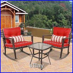 3 PCS Patio Rattan Wicker Furniture Set Rocking Chair Coffee Table WithRed Cushion