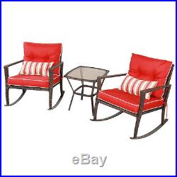 3 PCS Patio Rattan Wicker Furniture Set Rocking Chair Coffee Table WithRed Cushion