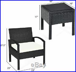 3 PCS Patio Wicker Rattan Furniture Set Coffee Table & 2 Rattan Chair WithCushion