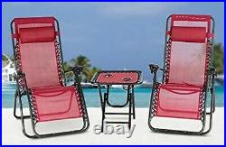 3 PCS Red Zero Gravity Chairs Set Outdoor Patio Folding Lounge Recliner with Table