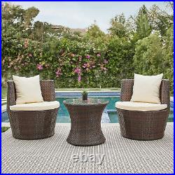3 Pc Patio Outdoor Rattan Set Wicker Furniture Glass Table Brown Round Chairs
